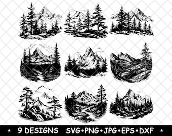 Montagne arbres paysage sauvage forêt pin paysage bois Nature SVG, Dxf, Eps, PNG, Cricut, Silhouette, Découpe, Laser, pochoir, Thermocollant, Clipart, impression