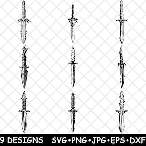 Può includere: Nove illustrazioni in bianco e nero di diversi modelli di spade. Le spade sono disegnate in uno stile dettagliato con disegni intricati sulle lame e sui manici.