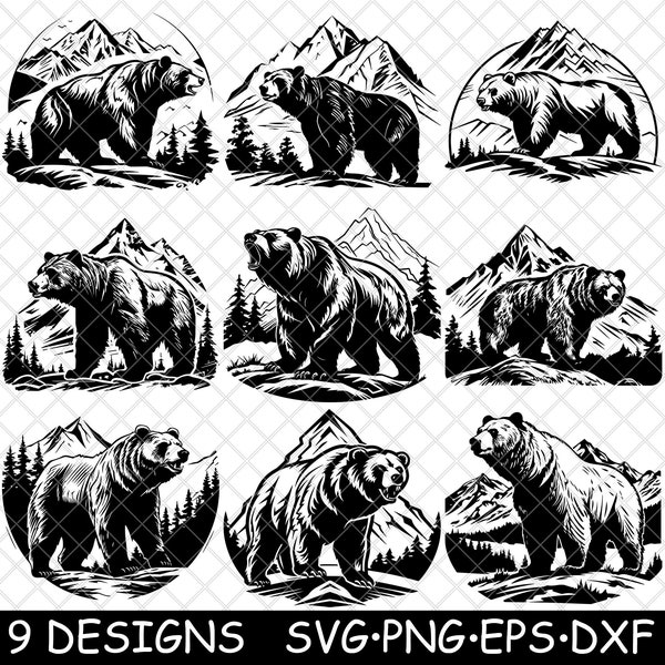 Grizzly Bear black Brown Kodiak Polar Mountain Trees Landscape PNG,SVG,Eps,Cricut,Silhouette,Cut,Laser,Stencil,Sticker,Decal,Clipart,Print