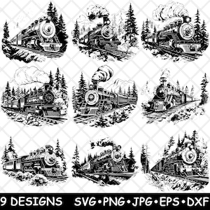 Locomotora de tren de vapor, vías de ferrocarril antiguas, archivo láser de ferrocarril, SVG, PNG, JPG, escala de grises, imagen quemada, corte vectorial, posavasos, blanco y negro, CNC, madera