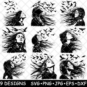 Mooi meisje windgeblazen haar vliegende vogels vrijheid vrede laserbestand SVG PNG JPG grijswaarden branden afbeelding gesneden vector Coaster zwart wit CNC hout