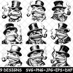 Roken Dapper Frog Victoriaanse hoed amfibie heer laserbestand SVG PNG JPG grijswaarden branden afbeelding gesneden vector Coaster zwart wit CNC hout
