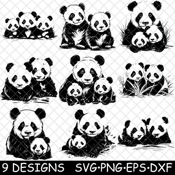 Cute Giant Panda Baby China Bear Cub Bamboo Pup Mamma Famiglia Madre SVG,DXF,Eps,PNG,Cricut,Silhouette,Cut,Laser,Stencil,Sticker,Clipart,Print