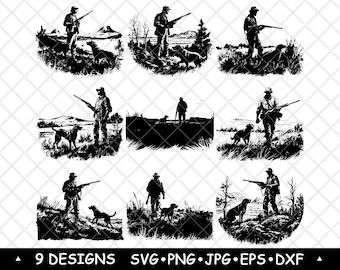 Hunting Dog SVG Upland Hunter & Rifle Silhouettes Bird Hunting Vector Laser Engraving Cricut Files