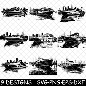 Luxury Yacht Marina Boat Wharf Harbor Cruise Sail Coaster Black White Laser File SVG PNG Grayscale Burn Image Cut Cricut Coaster Cnc Wood