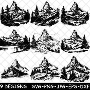 Mont Cervin Alpes suisses Alpine Peak Pennine Zermatt Snow Cap SVG, Dxf, Eps, PNG, Cricut, Silhouette, Découpe, Laser, Pochoir, Thermocollant, Clipart, Impression