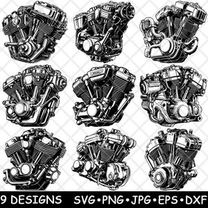Puede incluir: Nueve ilustraciones en blanco y negro de diseños de motores de motocicleta. Cada diseño es detallado e intrincado, mostrando el funcionamiento complejo de un motor de motocicleta.