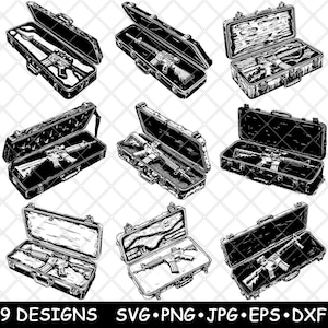 Estojo para rifle, arma, equipamento tático, equipamento para arma de fogo, arma, laser, arquivo SVG, PNG, JPG, escala de cinza, imagem de queima, corte, vetor, base para copos, preto, branco, madeira cnc