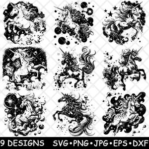 Licorne céleste cheval magique fantaisie nuages étoiles art fichier laser SVG PNG JPG niveaux de gris gravure image coupe vecteur sous-verre noir blanc cnc bois