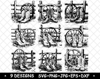 Cowboy Boots SVG Bundle Western Wagon Wheel Clipart Rustic Ranch Vector Farmhouse Laser Decor