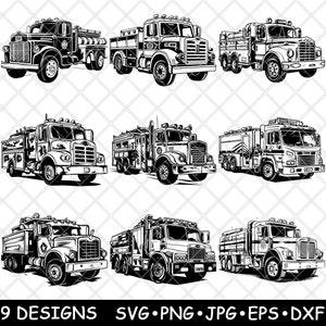 Vecchio camion dei pompieri Brigata di soccorso Veicolo di emergenza per calamità File laser SVG PNG JPG Immagine bruciata in scala di grigi Tagliata Vettore Sottobicchiere Nero Bianco Legno CNC