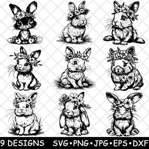 Lapin lapin couronne de fleurs printemps jardin animaux de la campagne fichier laser SVG PNG JPG niveaux de gris gravure image coupe vecteur sous-verre noir blanc cnc bois