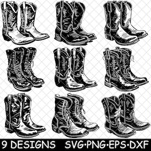 Cowboystövlar Westernskor Vintage Rodeo Skor Set för Klistermärken, Cricut, Lasergravyr