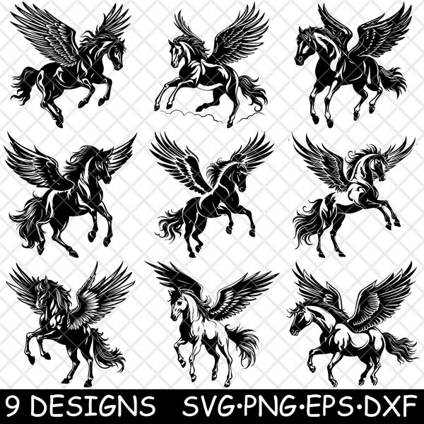 Pegasus Flying Horse Winged Stallion Equine Myth Steed Fairy Tale SVG,DXF,Eps,PNG,Cricut,Silhouette,Cut,Laser,Stencil,Sticker,Clipart,Print