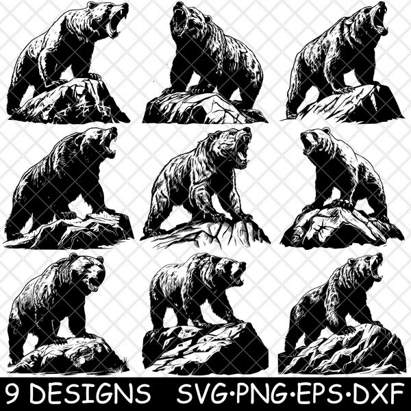 Grizzly Bear Kodiak Black Sun Ursus Wildlife Apex Coaster Black White Laser File SVG PNG Grayscale Burn Image Cut Cricut Coaster Cnc Wood