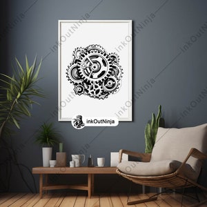 May include: Black and white illustration of a set of interlocking gears, printed on a white background and framed in a white frame.
