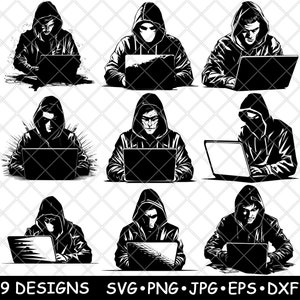 May include: Nine black and white illustrations of hooded figures sitting in front of laptops. Each figure is depicted in a different pose, with some looking at the screen and others typing.