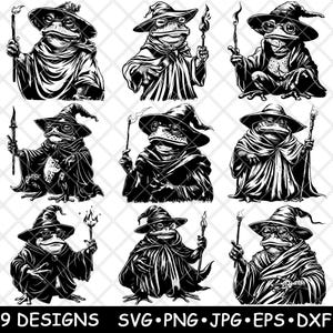 May include: Nine black and white illustrations of frogs wearing wizard hats and robes. Each frog is holding a wand or staff. The illustrations are in a cartoon style.