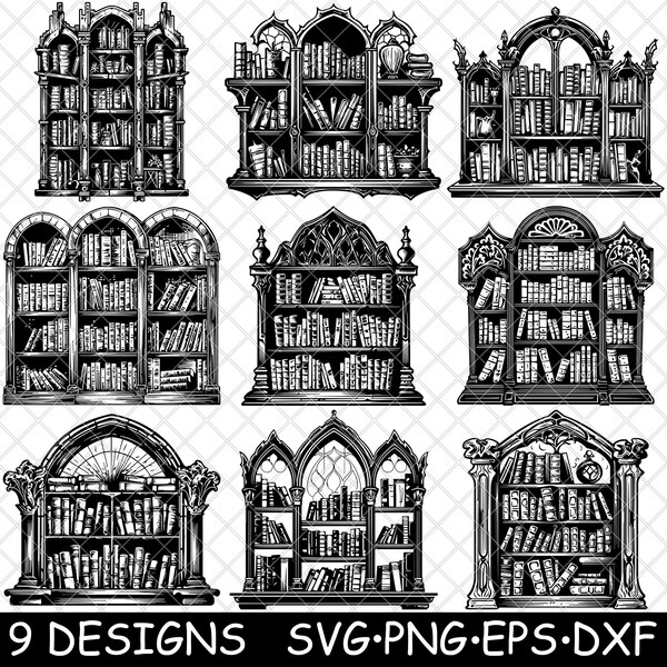 Antique Bookshelf Historic Gothic Castle Library Vintage Story SVG,DXF,Eps,PNG,Cricut,Silhouette,Cut,Laser,Stencil,Sticker,Clipart,Print