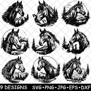 Tête de cheval ferme Ranch arbres étalon jument montagne sauvage fichier laser SVG PNG JPG niveaux de gris gravure image coupe vecteur sous-bock noir blanc bois cnc