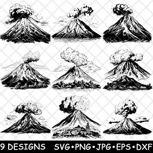May include: Nine black and white illustrations of volcanoes erupting with smoke. The volcanoes are drawn in a detailed, realistic style.