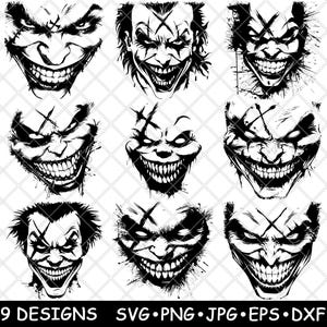 Cara de palhaço gótico assustador X Marca Piada assustadora Sorriso de horror Arquivo laser SVG PNG JPG Tons de cinza Imagem queimada Corte vetorial Porta-copos Preto Branco Madeira CNC