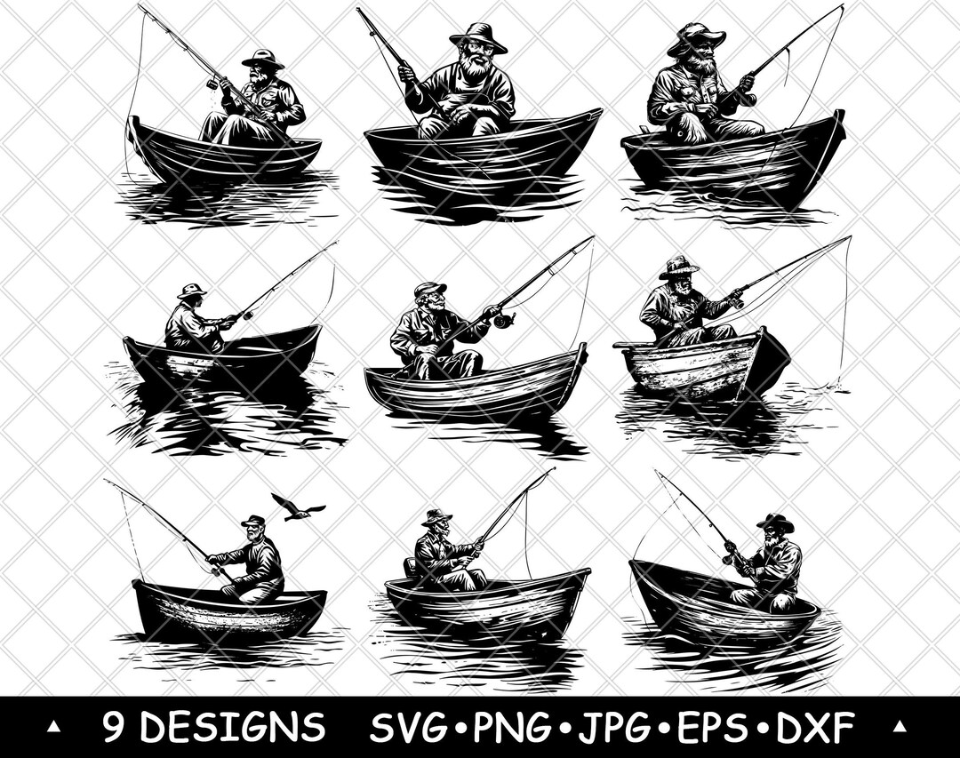 Old Fisherman Rowboat Angler Lake Ocean Fishing Casting Laser File SVG 