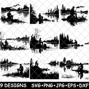 Man Fishing Lake Riverbank Angler Shore Fisherman Water Recreation SVG,Dxf,Eps,PNG,Cricut,Silhouette,Cut,Laser,Stencil,Sticker,Clipart,Print