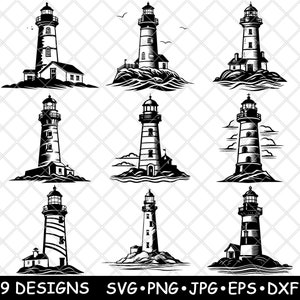 Faro Torre costiera Guida oceanica Arte marittima File laser SVG PNG JPG Scala di grigi Immagine bruciata Taglio vettoriale Sottobicchiere Nero Bianco Cnc Legno