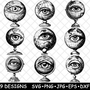 Globus Eye Watcher Geographie World Vision Gruselige Karte Kunst Laser-Datei SVG PNG JPG Brennen Bild geschnitten Vektor Untersetzer Schwarz Weiß Cnc Holz