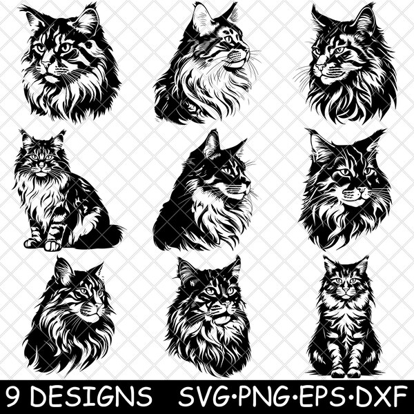 Maine Coon Cat Giant Shag American Forest Longhair Domestic Fluffy SVG,Dxf,Eps,PNG,Cricut,Silhouette,Cut,Laser,Stencil,Iron-on,Clipart,Print