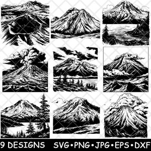 May include: Nine black and white illustrations of a mountain with different variations. The mountain is depicted with a crater, clouds, and trees.