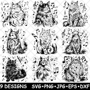 Chat poilu, notes de musique, chanteur, mélodie, artiste, fichier laser, PNG, JPG, niveaux de gris, gravure, image, coupe, vecteur, caboteur, noir, blanc, CNC, bois