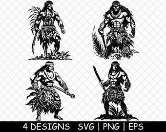 Polynesian Warrior Clipart PNG Bundle | Tribal Island Warrior Line Art | Black White Cultural PNG for Crafts & Tattoos