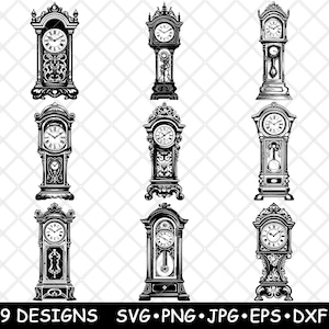 Reloj de pie antiguo, péndulo, piso, timbre alto, tiempo, archivo láser, SVG, PNG, JPG, escala de grises, imagen quemada, corte, vector, posavasos, negro, blanco, CNC, madera