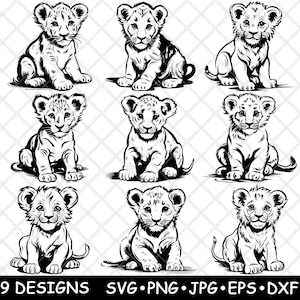 Joli bébé lionceau gros chat Safari jungle sauvage prédateur fichier laser SVG PNG JPG niveaux de gris gravure image coupe vecteur sous-bock noir blanc bois CNC