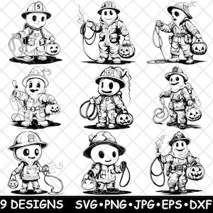 Bombeiro Fantasma Bonito Bombeiro Halloween Doces ou Travessuras Arquivo Laser SVG PNG JPG Tons de Cinza Queimado Imagem Corte Vetorial Porta-copos Preto Branco Madeira Cnc