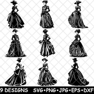 Vestido de moda medieval para mujer victoriana, época gótica, dama, archivo láser, SVG, PNG, JPG, escala de grises, imagen quemada, corte vectorial, posavasos, blanco y negro, CNC, madera