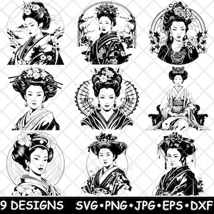 Traditional Japanese Geisha Empress Queen Asian Woman Laser File SVG PNG JPG Grayscale Burn Image Cut Vector Coaster Black White Cnc Wood