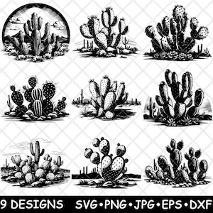 Désert Saguaro figue de barbarie Cactus épine Western des terres arides fichier laser SVG PNG JPG en niveaux de gris gravure image coupe vecteur sous-bock noir blanc Cnc bois