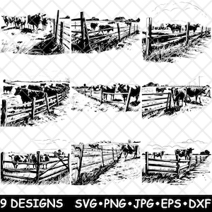 May include: Nine black and white vector illustrations of cows behind a wooden fence. The cows are in a field with grass and trees in the background.