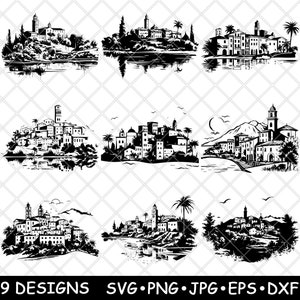 May include: Nine black and white silhouette designs of a small town or village with buildings, trees, and water. The designs are perfect for creating a variety of crafts, such as cards, invitations, and scrapbook pages.