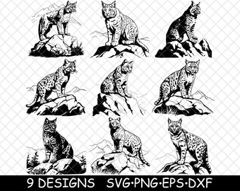 Bobcat Lynx Bobtail Felis Rostrot gefleckte Wildkatze Untersetzer Schwarz Weiß Laser-Datei SVG Dxf PNG Glowforge Lightburn Cut Gravieren Untersetzer Cnc