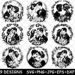 Bruiloft bruid en bruidegom bloemenkrans romantisch paar laserbestand SVG PNG JPG grijswaarden afbeelding branden gesneden vector Coaster zwart wit CNC hout