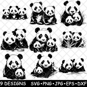 Pacchetto di clipart di panda PNG / Grazioso disegno a tratteggio di panda / Adesivi di panda per mamma e bambino / Clipart di animali selvatici in bianco e nero per lavoretti