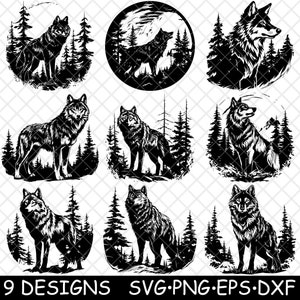 Wild Gray Wolf Pine Forest Trees Lone Taiga Boreal Husky Alpha SVG,Dxf,Eps,PNG,Cricut,Silhouette,Cut,Laser,Stencil,Iron-on,Clipart,Print