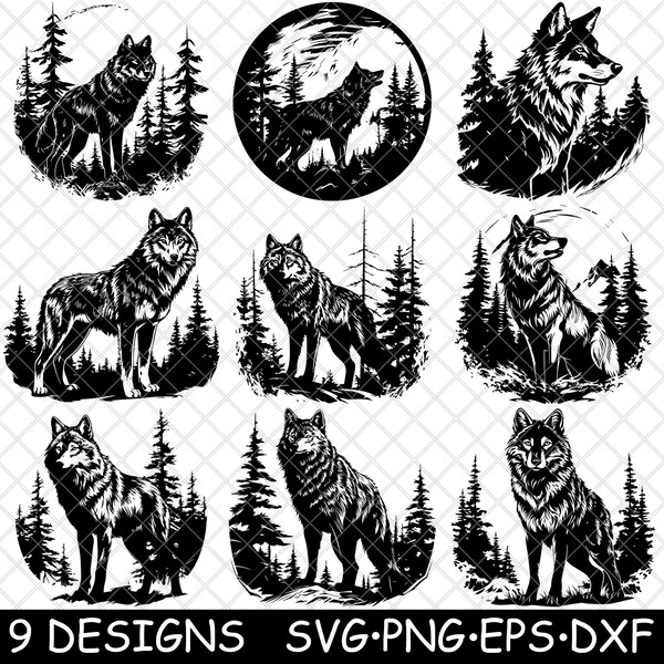 Wild Gray Wolf Pine Forest Trees Lone Taiga Boreal Husky Alpha SVG,Dxf,Eps,PNG,Cricut,Silhouette,Cut,Laser,Stencil,Iron-on,Clipart,Print