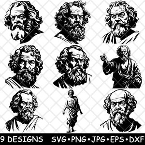 Socrates Plato Griekse filosoof Athene oude wijsheid wijs laserbestand SVG PNG JPG grijswaarden afbeelding branden gesneden vector Coaster zwart wit CNC hout