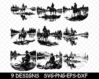 Lone Cowboy Lake River Wild West Ranger Gunslinger Horse Laser File SVG PNG JPG Grayscale Burn Image Cut Vector Coaster Black White Cnc Wood