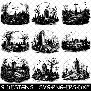 Cimetière sépulture cimetière pierres tombales effrayant fichier laser SVG PNG JPG niveaux de gris gravure image coupe vecteur sous-bock noir blanc bois cnc